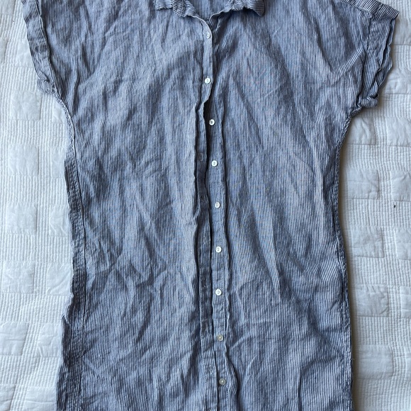 Tahiti 100% Linen Striped Blue Button Down Shirt Cuff Short Sleeve Dress S - Picture 3 of 7